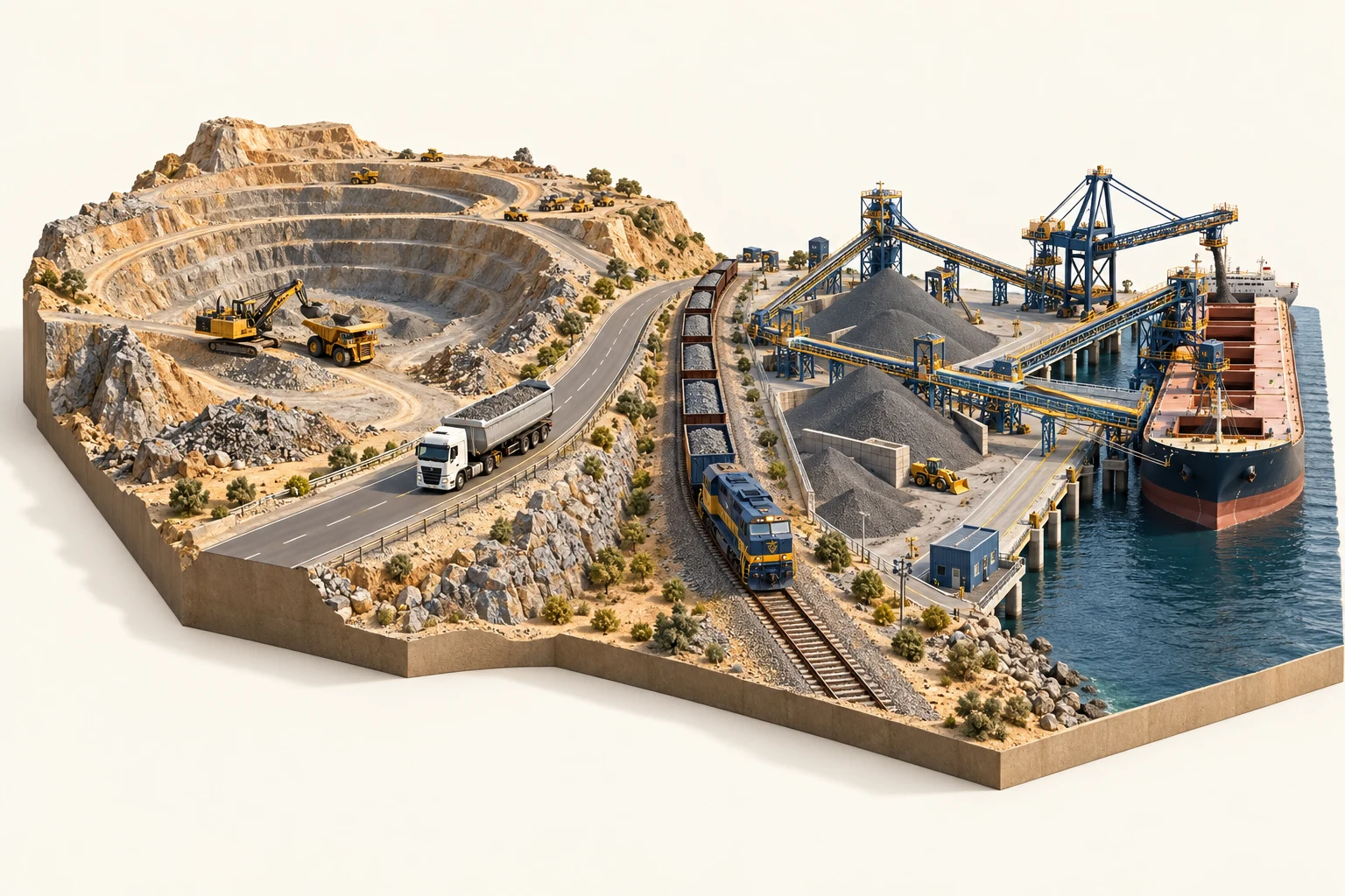 Illustrated mining logistics chain: a terraced mine, road tipper truck, freight train, bulk terminal and cargo ship.